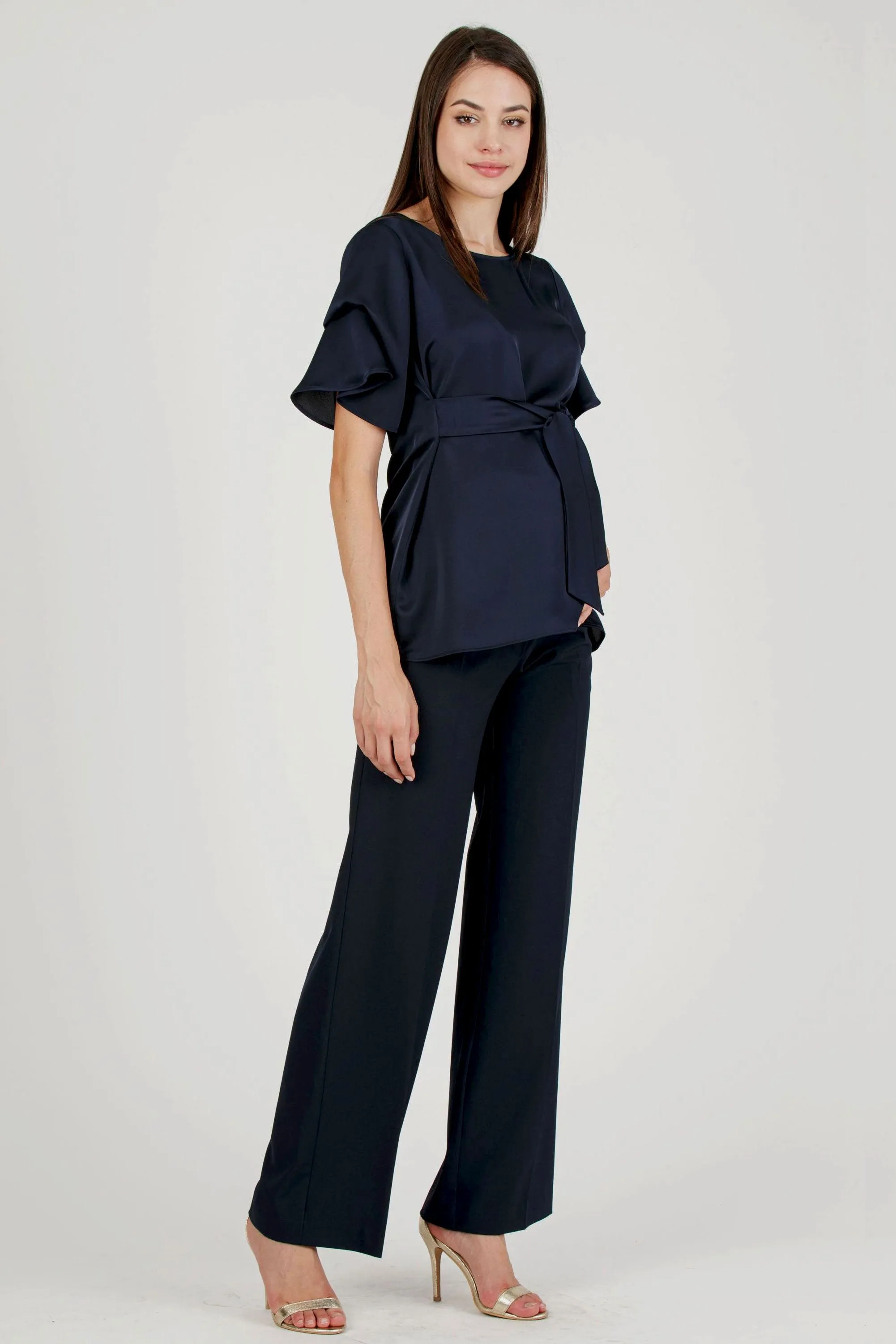 Erica Maternity Blouse with Draped Sleeve Navy
