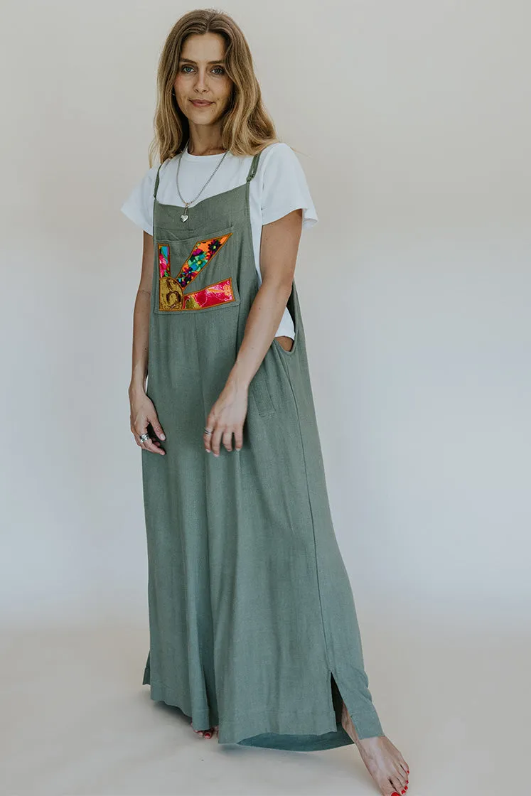Sunbeam Appliqué Overalls - Sage